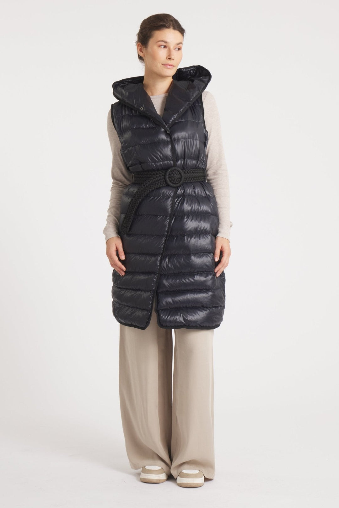 The Camden | Long Hooded Down Vest | Midnight Black - Cotes of London